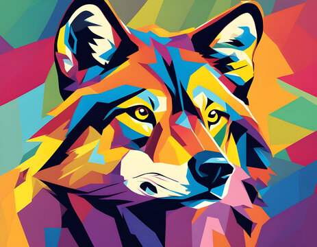 Colorful wolf head with cool isolated pop art style backround. WPAP style.