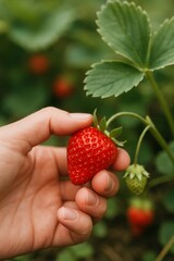 Obraz premium Hand gently holding a ripe strawberry on the plant, highlighting freshness and organic farming in a natural garden setting.