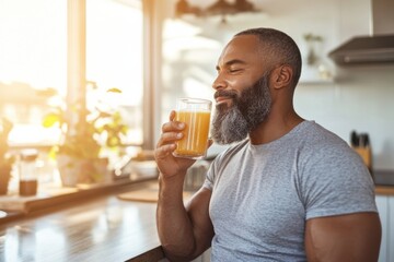 Happy senior man drinking orange juice in a modern kitchen