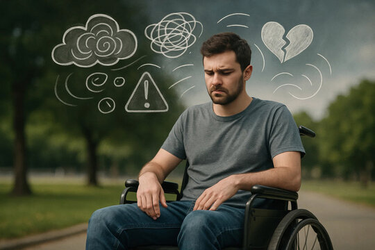 A young man sits in his wheelchair outdoors, surrounded by symbolic chalk drawings representing mental health challenges and emotions like sadness, confusion, and heartbreak.