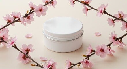 Elegant presentation of white balm tin surrounded by blossoming cherry branches