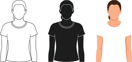 Three depictions of a woman in a white t-shirt are presented, one as a line drawing, another as a solid black silhouette, and the third as a fully colored illustration.