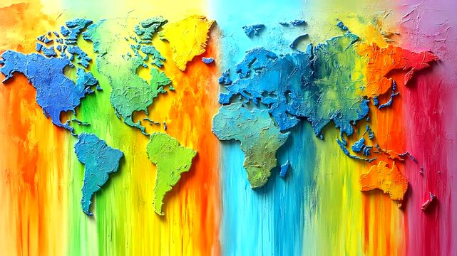 Colorful textured world map with vibrant, dripping paint effect