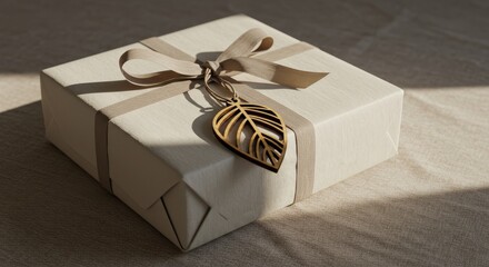 Elegantly Wrapped Present with Wooden Leaf Ornament on Soft Natural Fabric