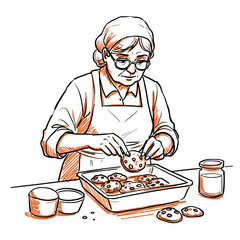 Elderly woman baking cookies and placing them in tray at home  