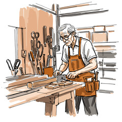 Senior man working diligently on woodworking project in workshop  