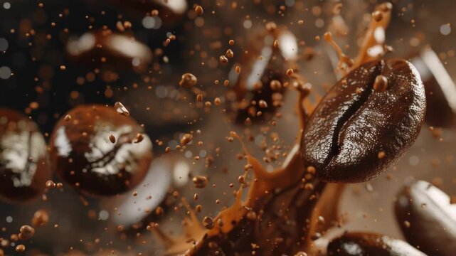 Freshly roasted coffee beans getting splashed with water, perfect for brewing or latte art