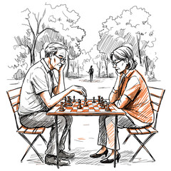 Elderly couple playing chess outside in park during daytime  