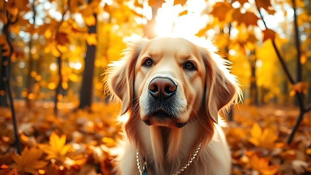 Golden Retriever portrait in autumn leaves with soft sunlight