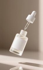 Floating serum bottle mockup with pipette slightly detached above the bottle, blank white label