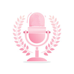 Podcast studio microphone icon surrounded by wreath decoration against black background