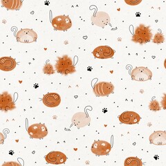 Hand-drawn seamless pattern featuring blue cartoon cats in various poses on a white background. Suitable for kids&rsquo; design, textile, and surface decoration.