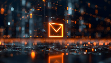 Fototapeta premium Futuristic digital communication concept with glowing email icon amidst a network of technology-themed data streams in vibrant colors.