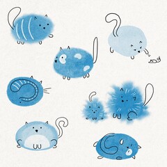 Hand-drawn set of isolated blue cartoon cats in different poses and styles. Includes fluffy, sitting, sleeping, and playful cat illustrations. Suitable for stickers, cards, children’s designs.