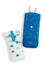 Realistic mockup showing two pencil cases with seamless cartoon cat patterns in blue tones. One case has a white background, the other is dark blue. This is a mockup. Not for sale.