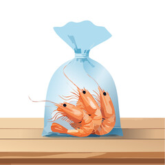 Three Shrimp in a Bag on a Wooden Surface Illustration