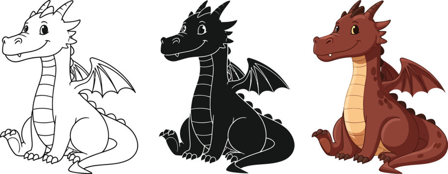 Three cartoon dragons showcase different styles, including line art, silhouette, and color, ideal for children's books, educational materials, or fantasy themed designs.