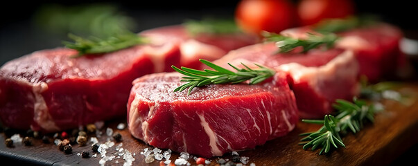 Fresh, premium steak cuts displayed on a wooden board, garnished with herbs and spices, perfect for a gourmet meal and culinary inspiration.