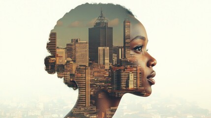 Double exposure portrait of a woman's profile with a cityscape inside her head.