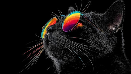 A stylish black cat wearing colorful sunglasses, exuding a cool and playful attitude against a dark background, perfect for pet lovers and casual fun.