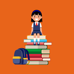 a girl wearing a school uniform in the new semester and sitting on a pile of books