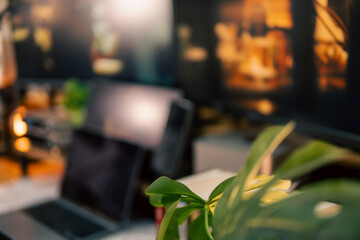 A warm and cozy desk setup featuring triple monitors, notebook, microphone, and green plants, styled in a minimalist Japanese aesthetic for creative work.
