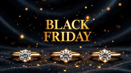 gold rings with diamonds on a black fabric background with the inscription black friday
