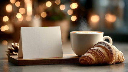 A warm cup of coffee beside a flaky croissant, placed on a wooden tray. A blank card awaits personalization, perfect for cozy mornings and delightful moments.