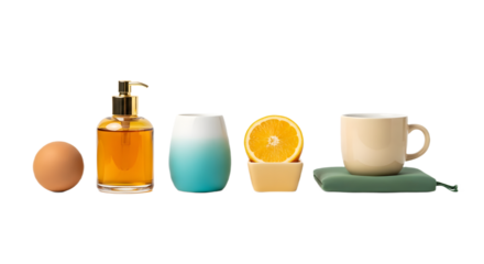 Still life featuring an egg dispenser vase orange slice and mug.