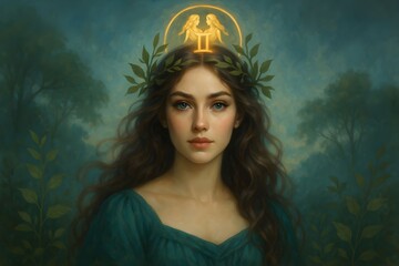 Young woman adorned with a laurel crown and Gemini zodiac symbol in a mystical forest setting at twilight