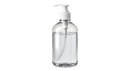 Clear Hand Sanitizer Bottle with White Pump Dispenser and Liquid.