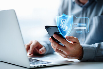 Person using a smartphone with a fingerprint security shield and laptop on the table near window