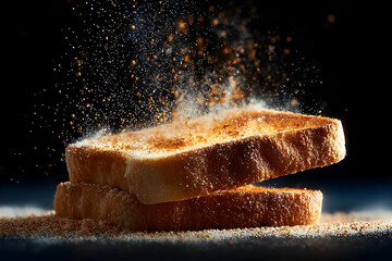 Close-up of toasted bread slices, sprinkled with sugar, creating a delightful and appetizing scene. Perfectly golden and crisp for breakfast or dessert.