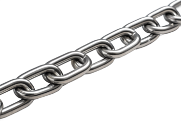 A shiny metal chain with strong links lies diagonally across a transparent background, isolated and ready for use as a png.