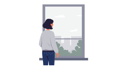 Fototapeta premium Woman in casual clothes gazing out a window at cityscape on a cloudy day