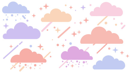 Pastel cloud and star pattern with raindrops and sparkles in flat design