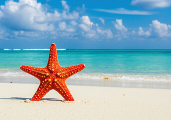 A vibrant red starfish rests on a sandy beach by the turquoise ocean