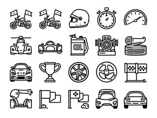 Collection of racing and automotive icons for sports and speed themes