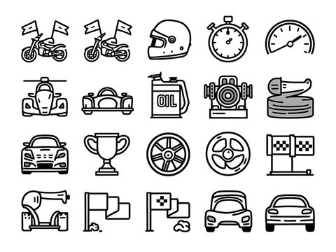 Collection of racing and automotive icons for sports and speed themes