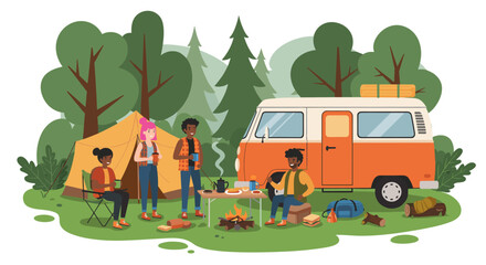 Obraz premium Outdoor camping adventure with friends near campfire and camper van in forest