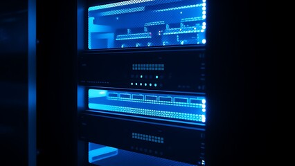 Glowing blue server rack in a dimly lit technological environment.