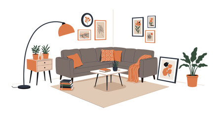 Fototapeta premium Modern living room with orange accents and contemporary decor elements