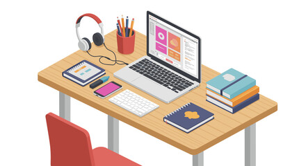 Fototapeta premium Isometric workspace with laptop and office accessories on wooden desk