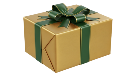 Golden Gift Box with Emerald Green Ribbon and Bow Elegant Festive Present.