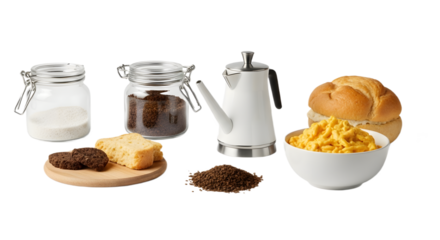 Assorted breakfast foods sugar coffee cookies cake coffee grounds kettle and macaroni sandwich.