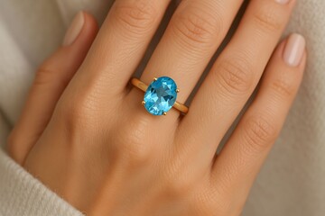 Elegant blue gemstone ring shines on a woman's hand with a soft background and neutral colors
