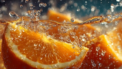 Fresh orange slices splashing into water, creating vibrant droplets. A refreshing and energizing scene showcasing the beauty of fruit in motion.