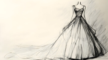 Grayscale fashion design sketch of a ball gown