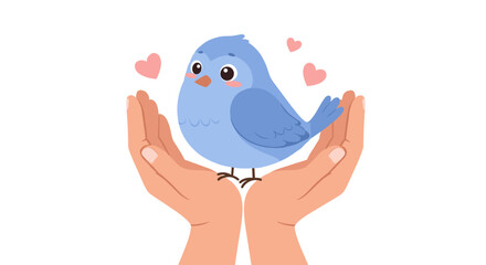 Cute blue bird cupped in hands with pink hearts for love and care themes