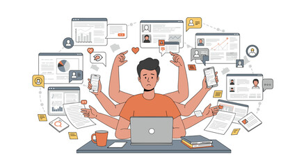Overwhelmed worker multitasking on digital devices in busy office environment